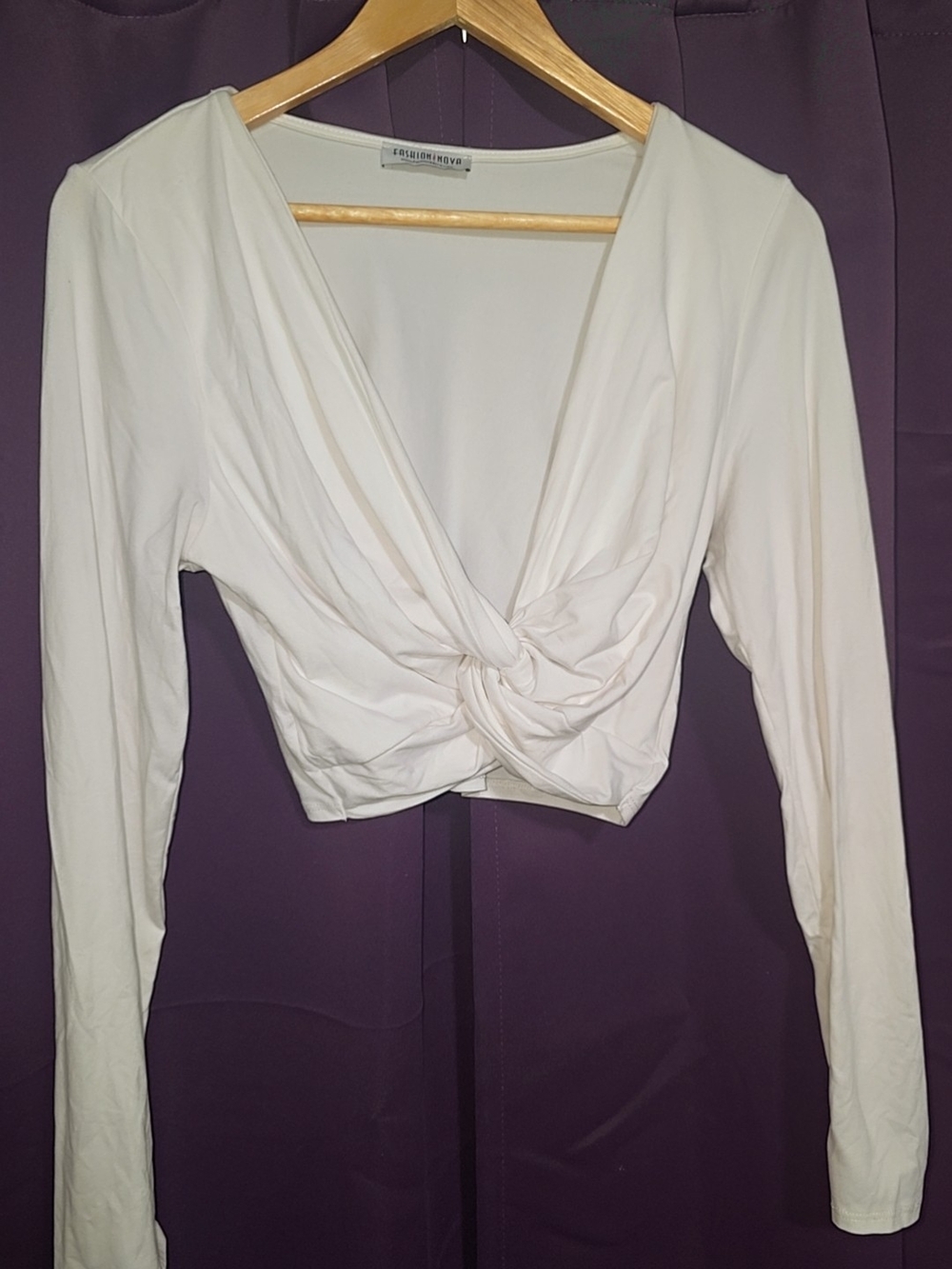 Fashion Nova Cream Twist-Front Long Sleeve Crop Top